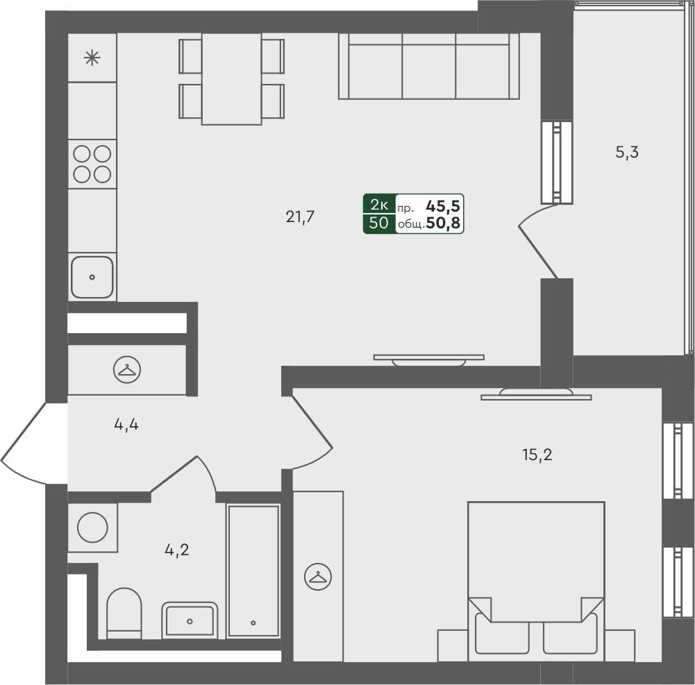 1-комн. квартира, 50.8 м², 2 из 4 этаж квартира