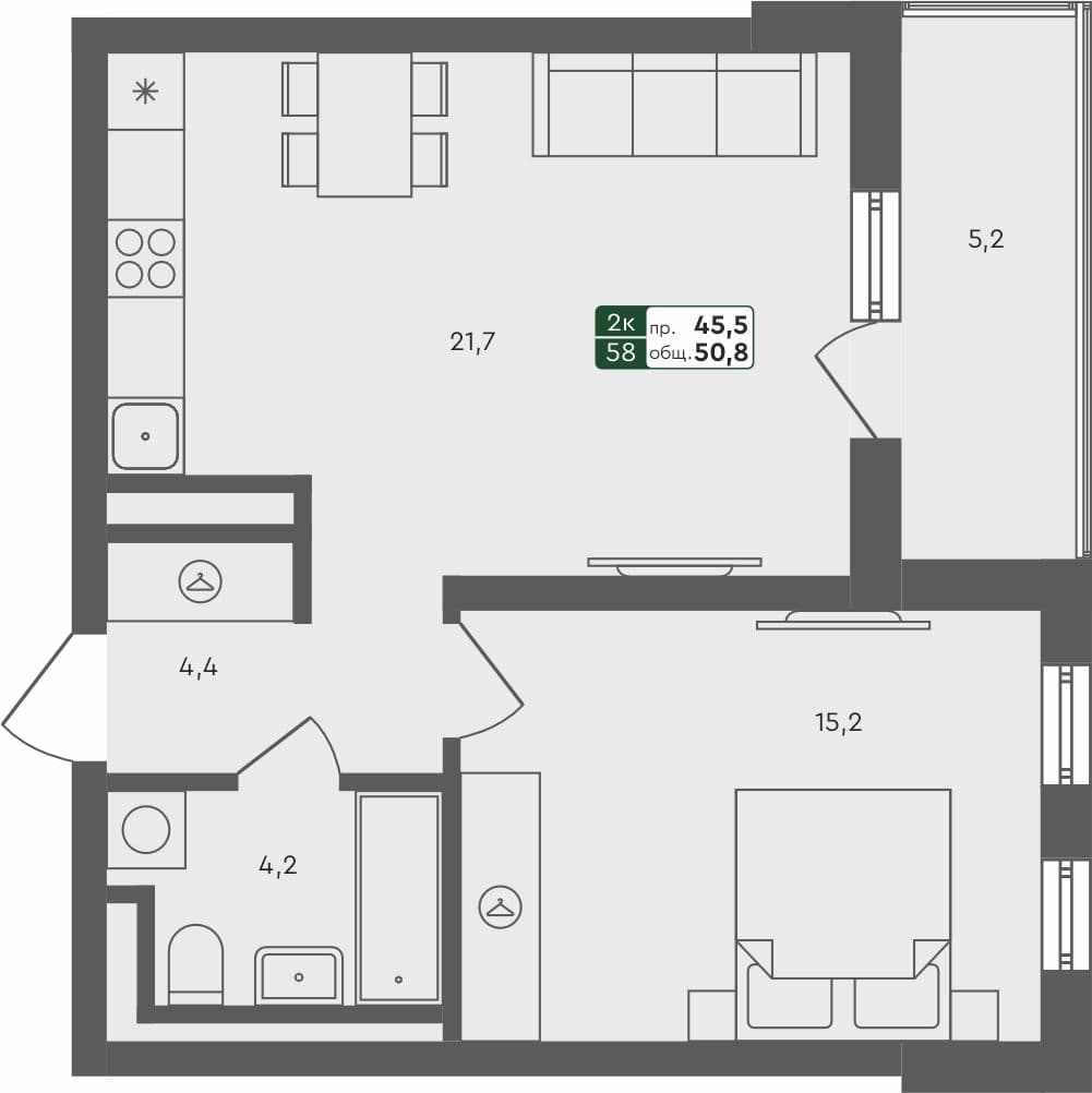 1-комн. квартира, 50.7 м², 4 из 4 этаж Планировка