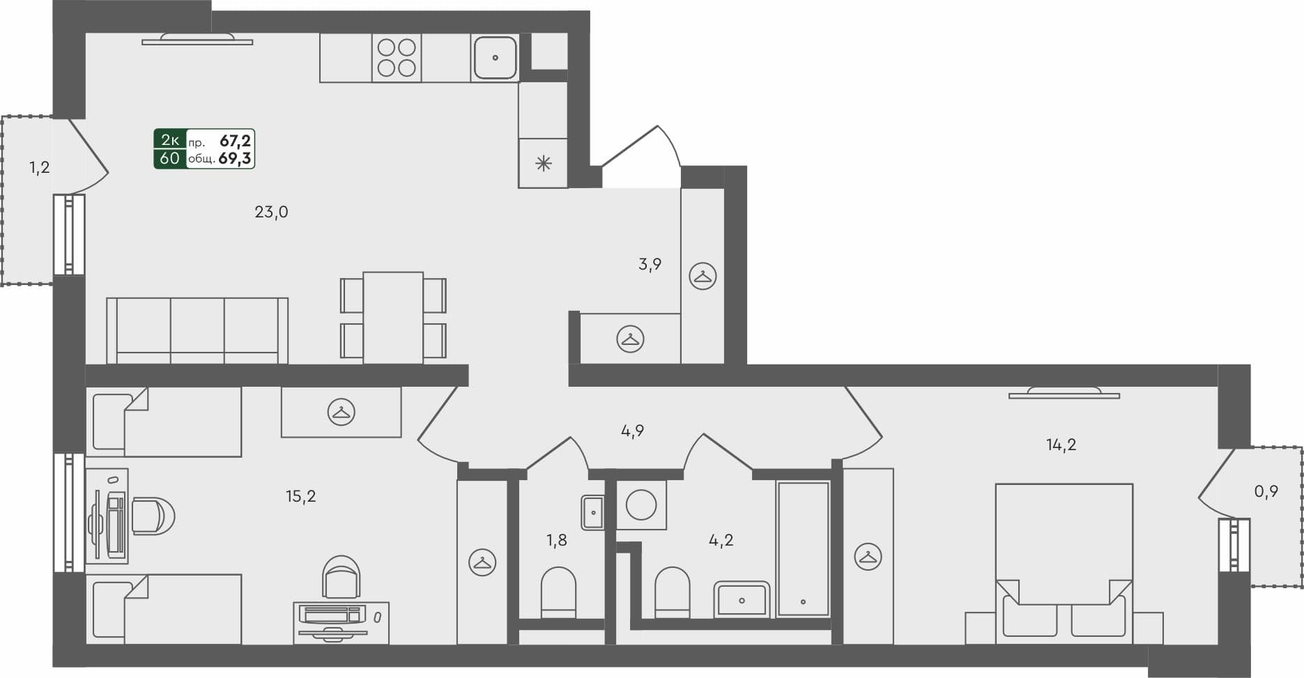 2-комн. квартира, 69.3 м², 4 из 4 этаж Планировка
