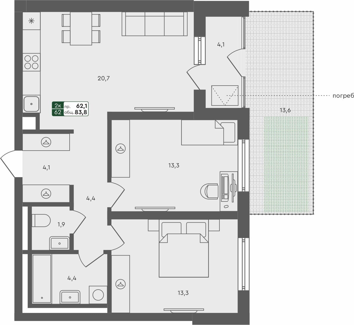 2-комн. квартира, 83.8 м², 1 из 4 этаж квартира