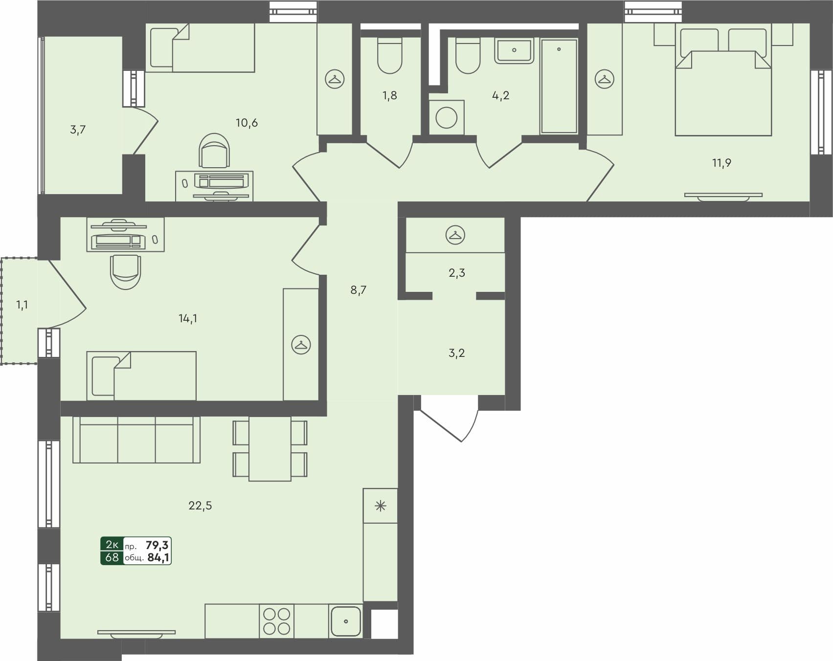 3-комн. квартира, 84.1 м², 3 из 4 этаж квартира