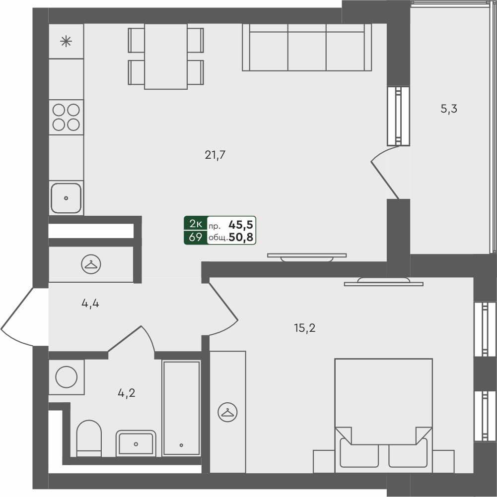 1-комн. квартира, 50.8 м², 3 из 4 этаж квартира