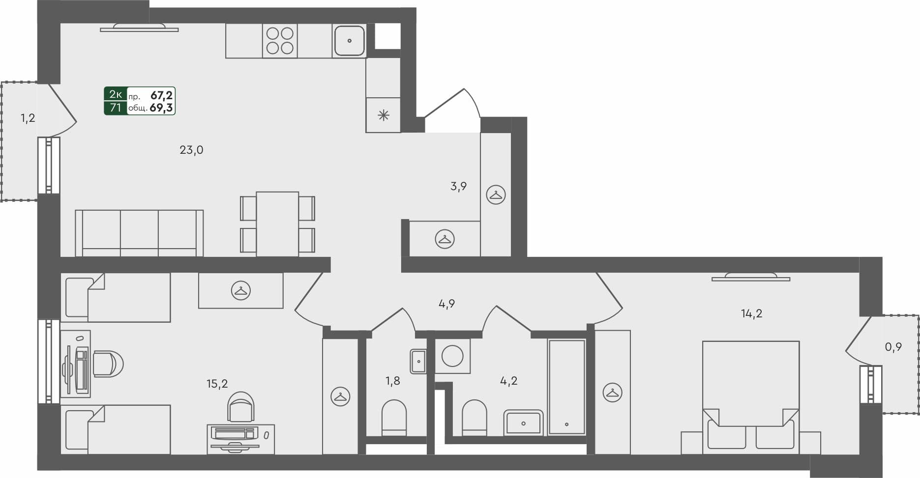 2-комн. квартира, 69.3 м², 3 из 4 этаж квартира
