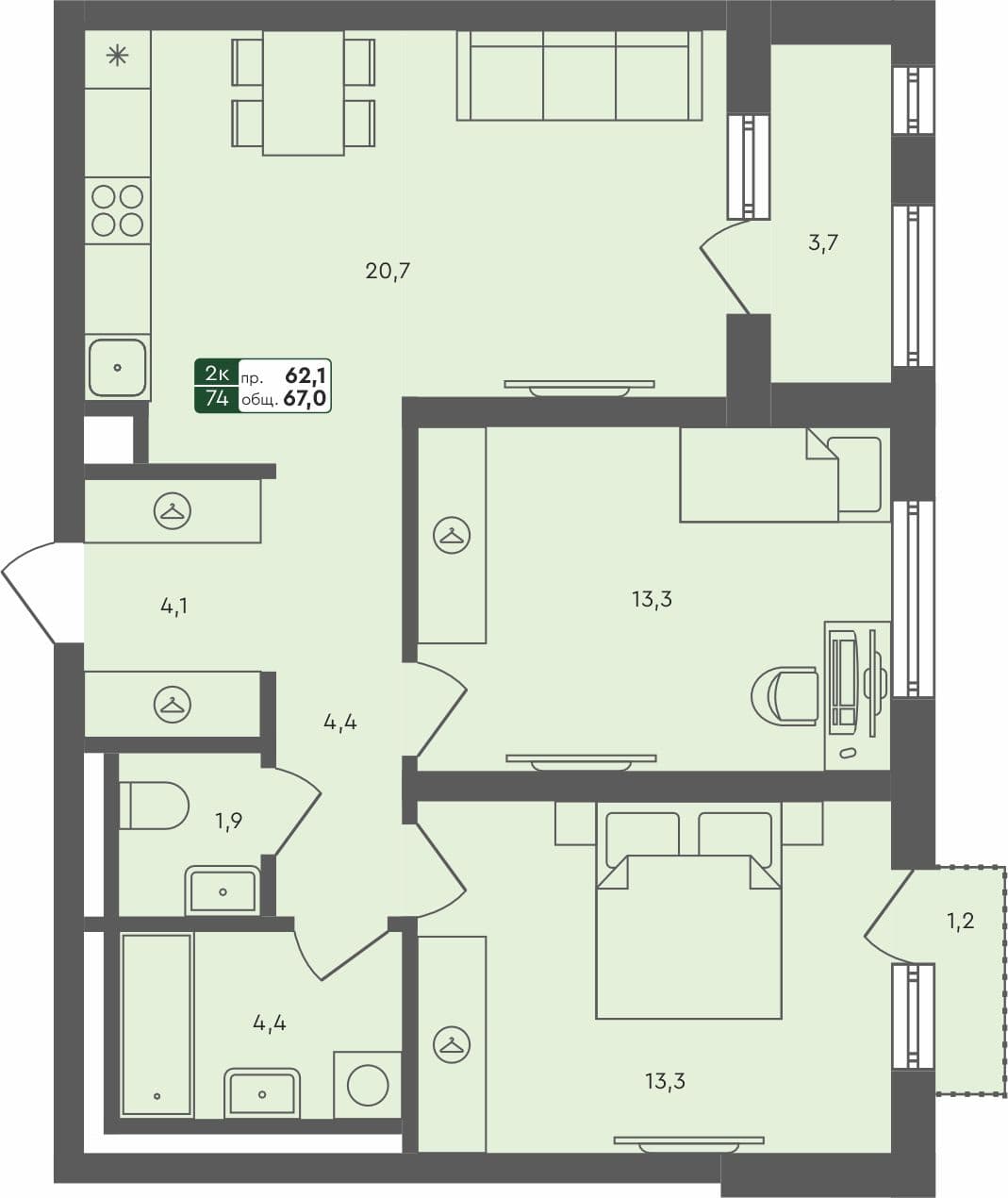 2-комн. квартира, 67 м², 4 из 4 этаж Планировка