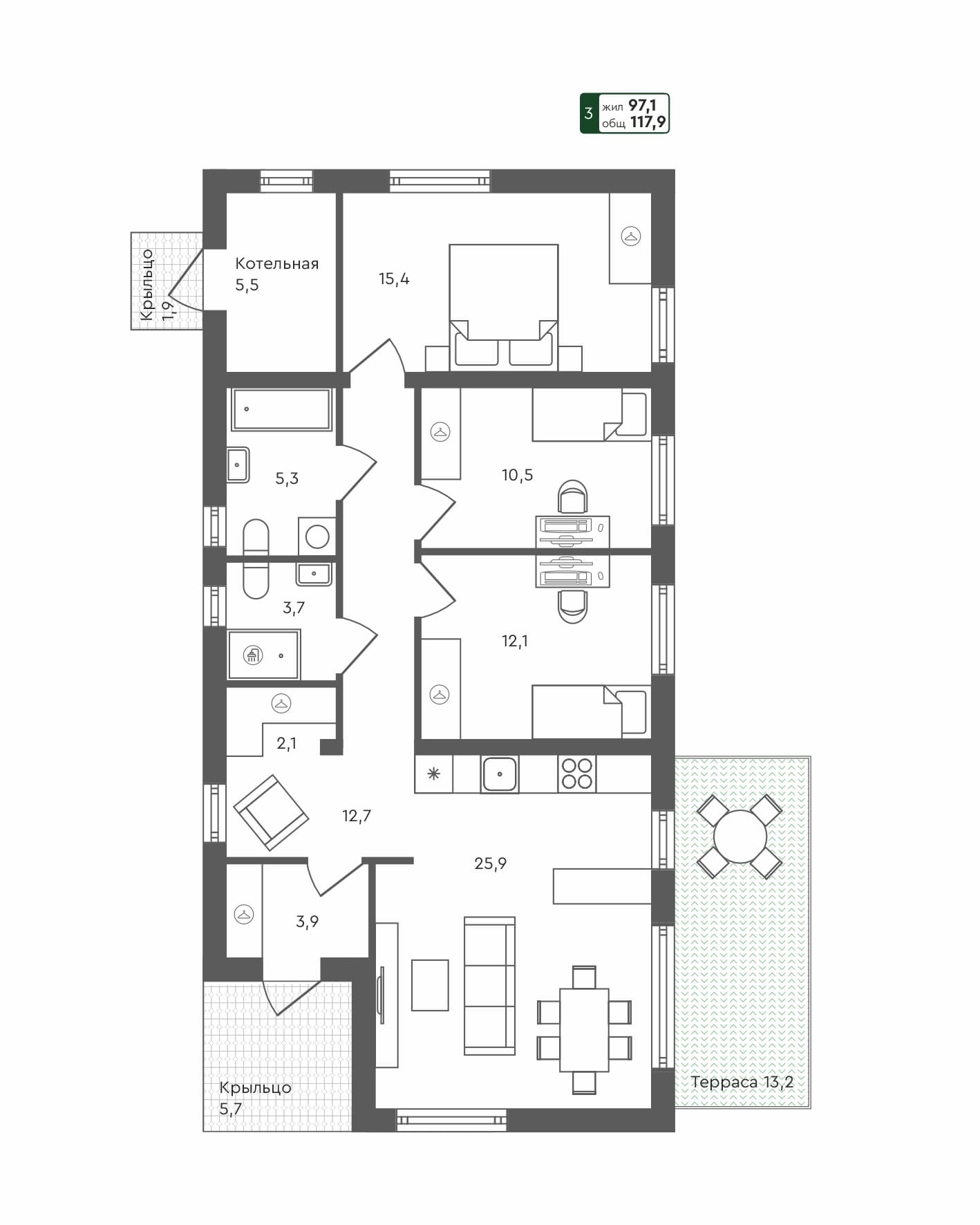 3-комн. дом, 117.9 м², 1 из 1 этаж квартира