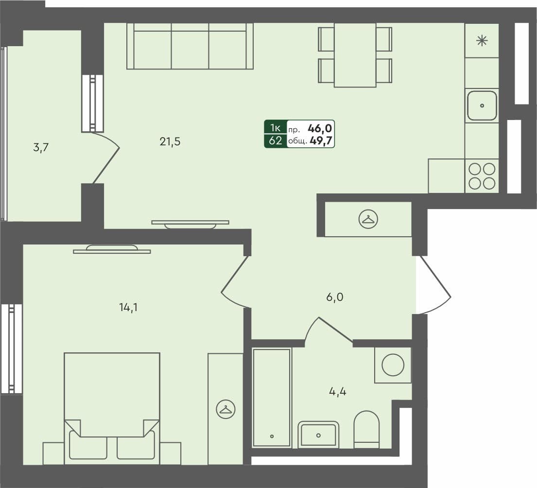 1-комн. квартира, 49.7 м², 1 из 4 этаж квартира