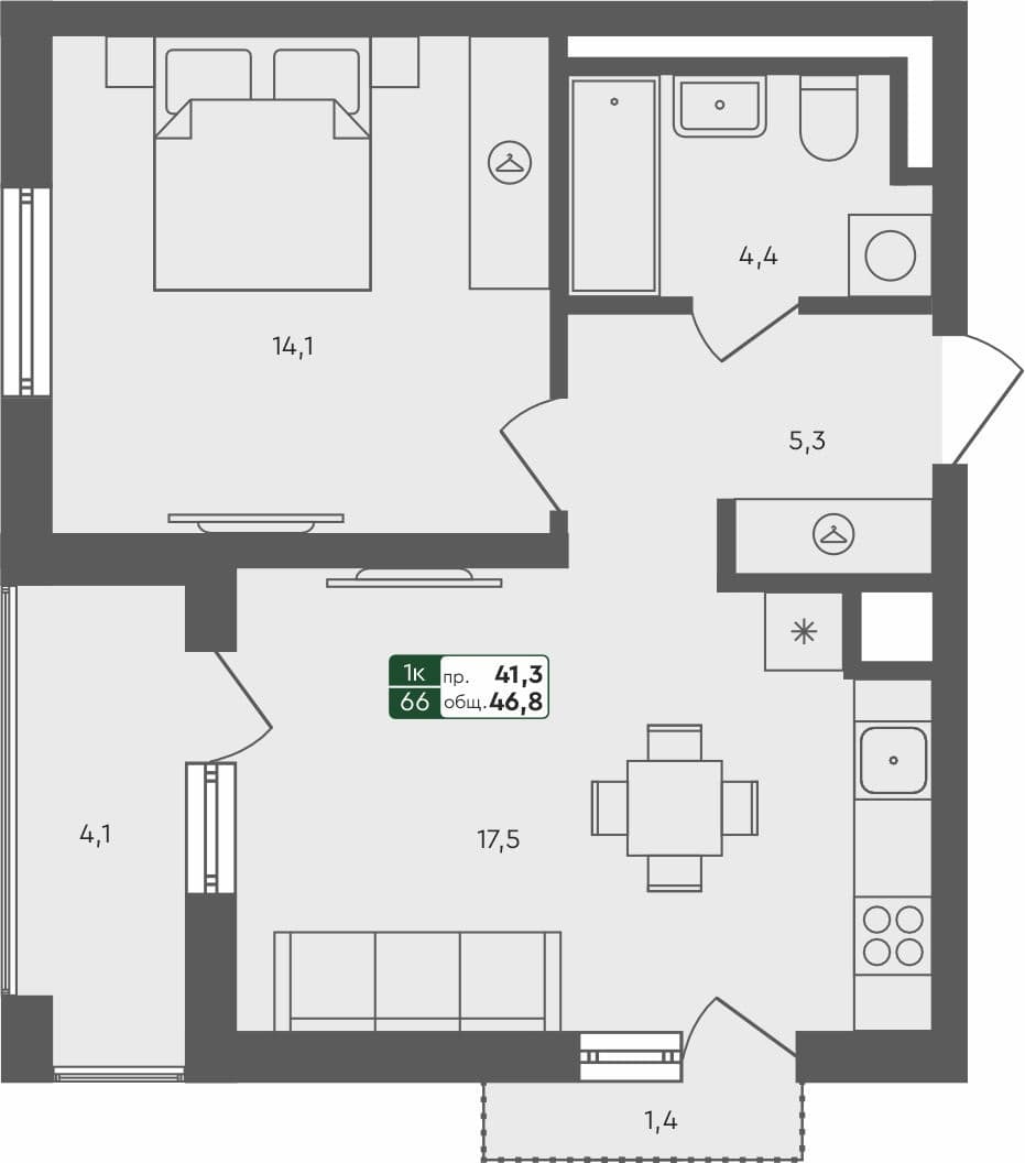 1-комн. квартира, 46.8 м², 2 из 4 этаж Планировка
