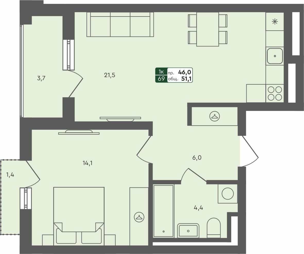 1-комн. квартира, 51.1 м², 2 из 4 этаж квартира