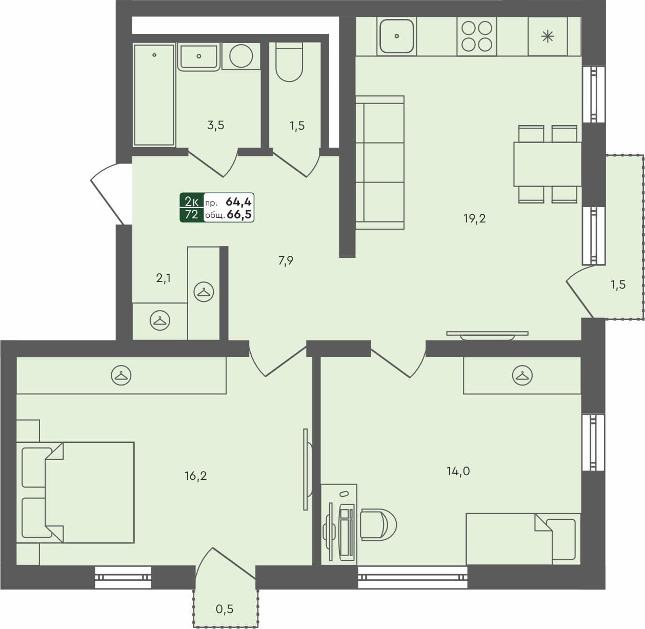 2-комн. квартира, 66.5 м², 3 из 4 этаж квартира
