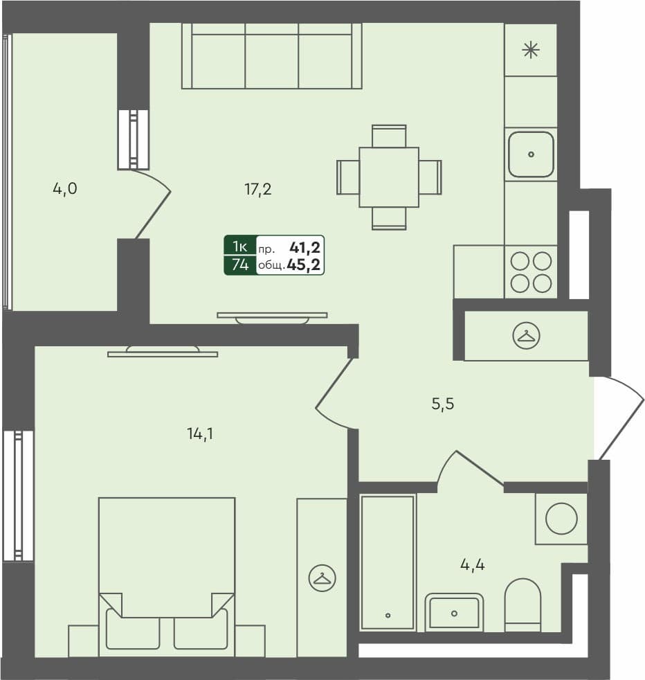 1-комн. квартира, 45.2 м², 3 из 4 этаж Планировка