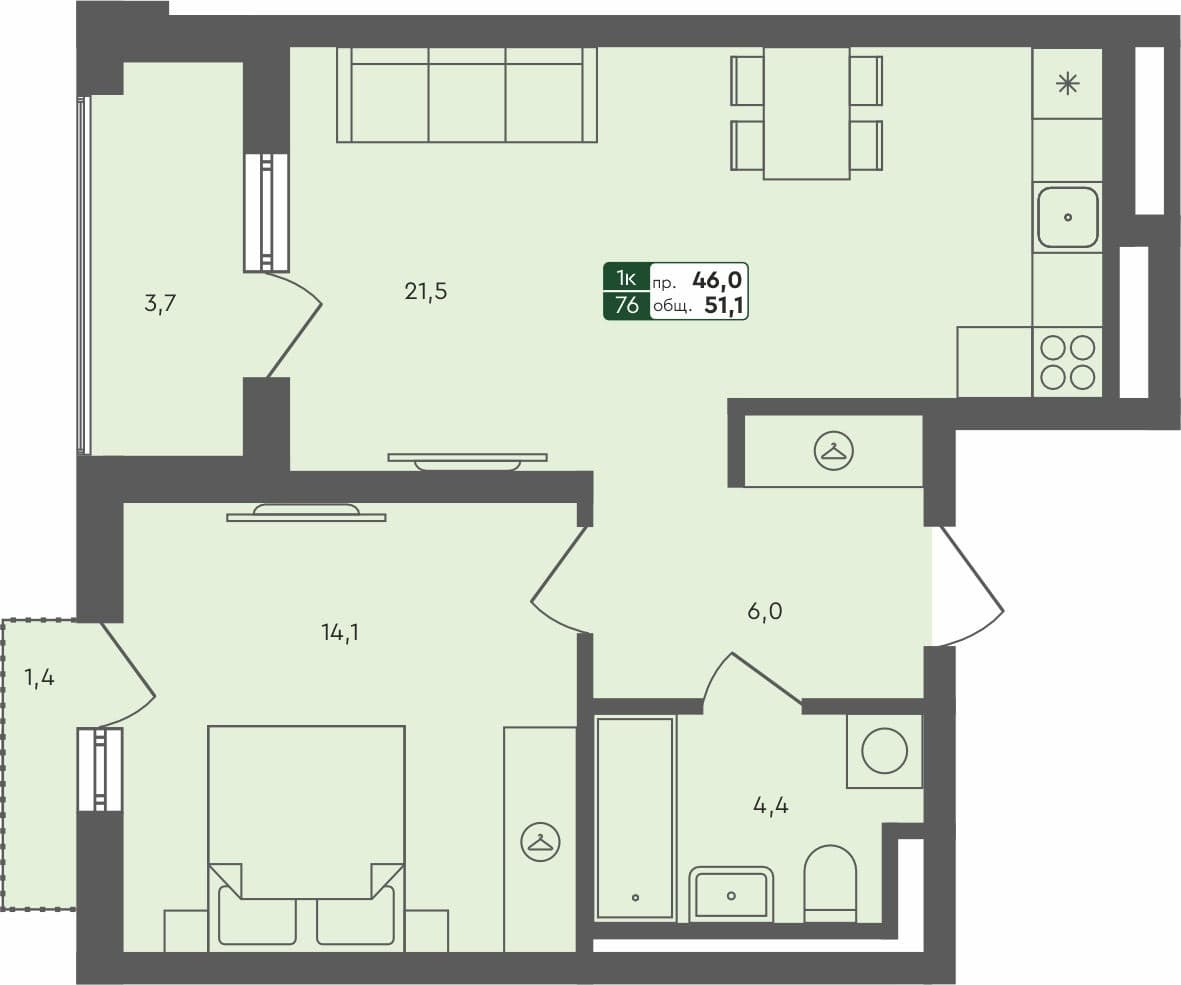 1-комн. квартира, 51.1 м², 3 из 4 этаж квартира