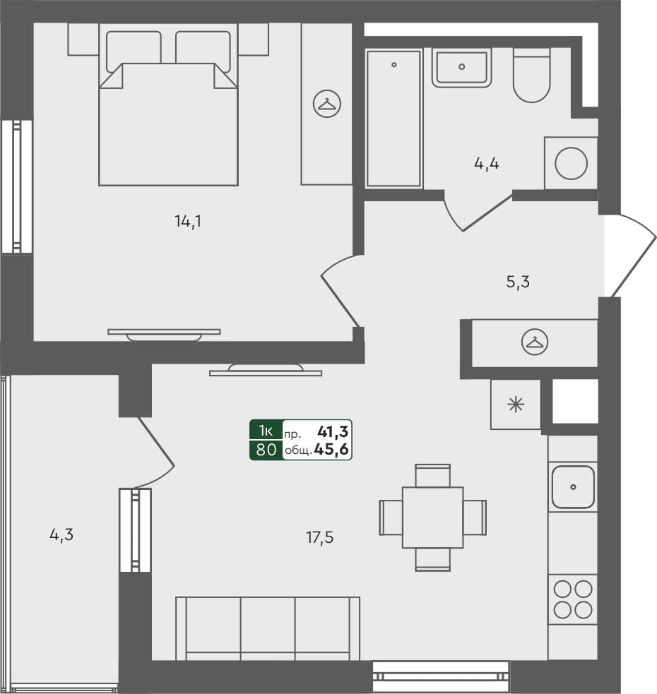 1-комн. квартира, 45.6 м², 4 из 4 этаж Планировка
