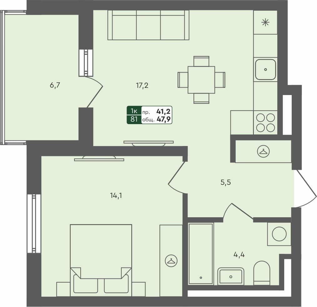 1-комн. квартира, 47.9 м², 4 из 4 этаж Планировка