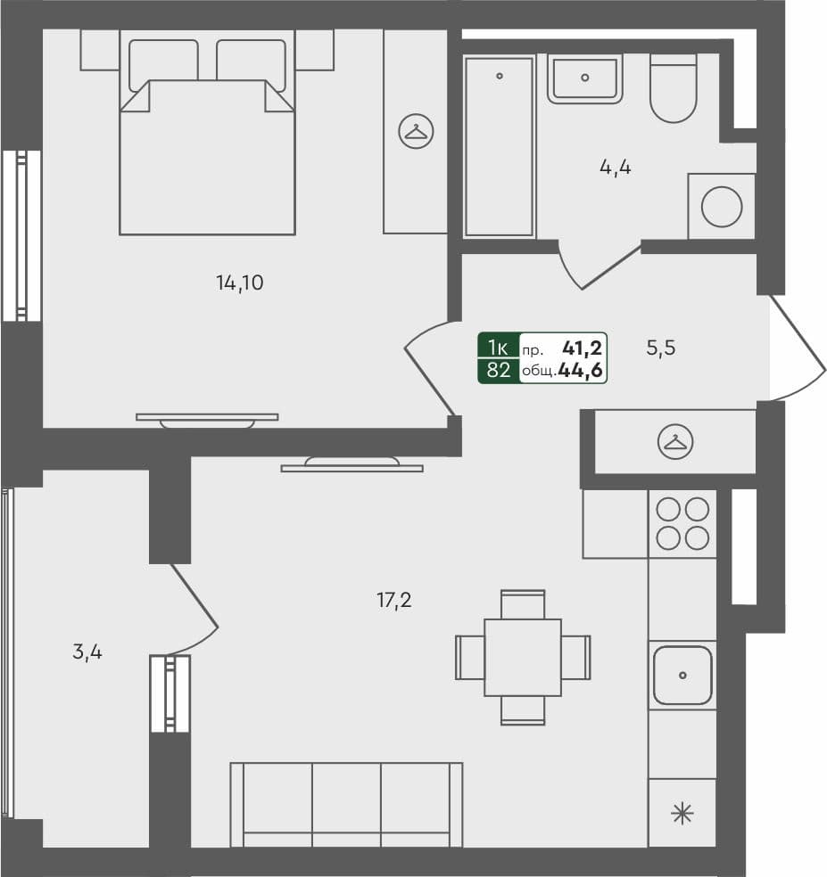 1-комн. квартира, 44.6 м², 4 из 4 этаж Планировка