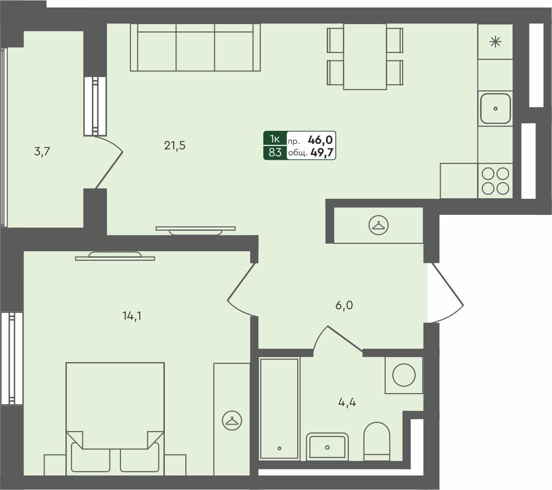 1-комн. квартира, 49.7 м², 4 из 4 этаж квартира
