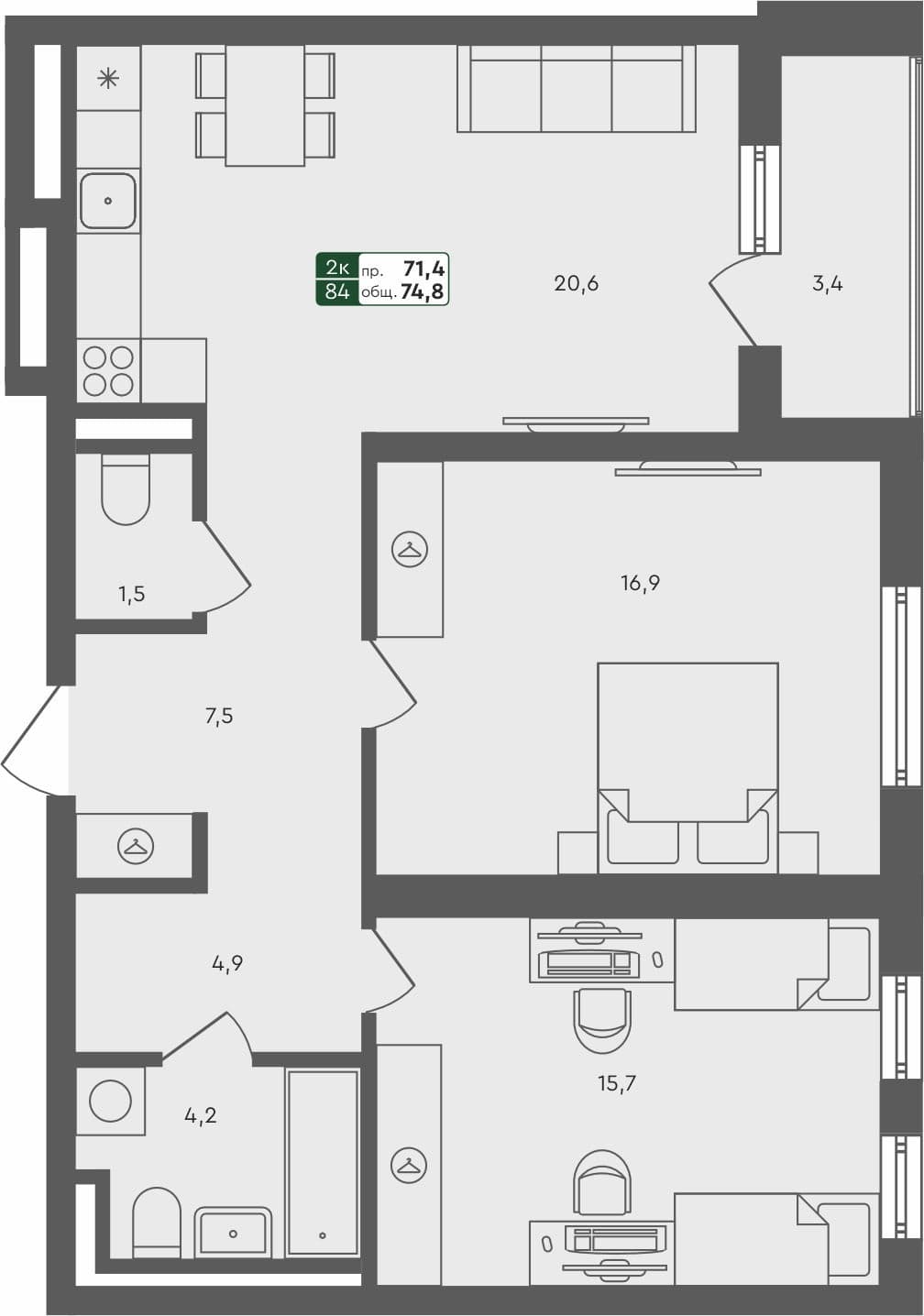 2-комн. квартира, 74.8 м², 4 из 4 этаж квартира
