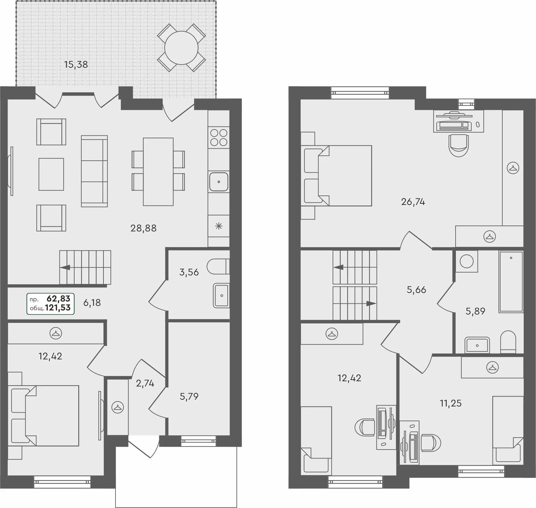 4-комн. таунхаус, 121.53 м², 1 из 2 этаж Планировка